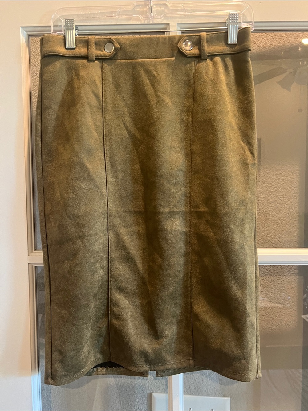 Olive Suede Pencil Skirt with Front Seam Detail